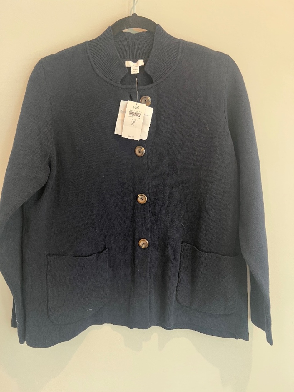 NWT J. Jill Navy Blue Button-Front Knit Cardigan Sweater Jacket Size PL Petite L